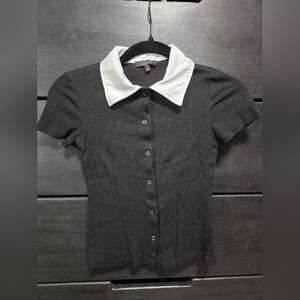 Delia's Dolls Kill Highlife Harbor Collared Shirt Top Black White Wednesday Goth